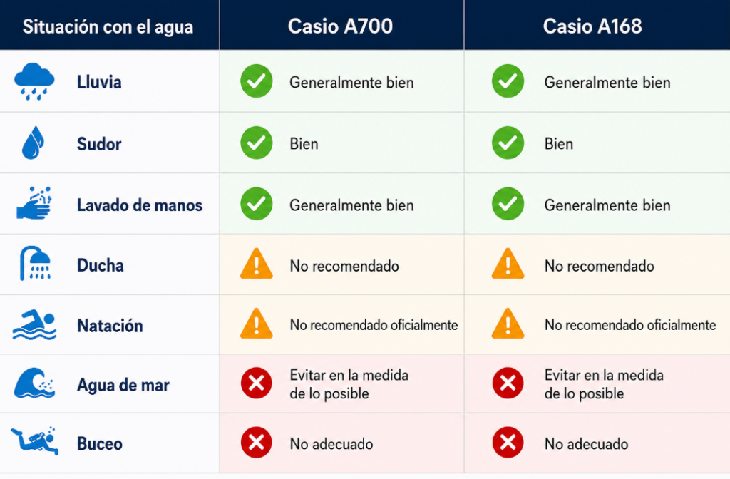 Casio A700 vs A168 Resistencia al agua