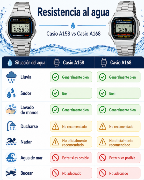 Casio A158 vs A168 Resistencia al agua