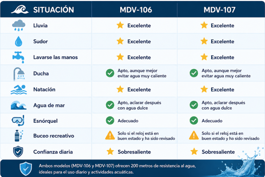 Casio MDV-106 vs MDV-107 Resistencia al agua