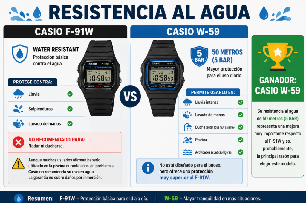 Casio W-59 vs Casio F-91W Resistencia al agua