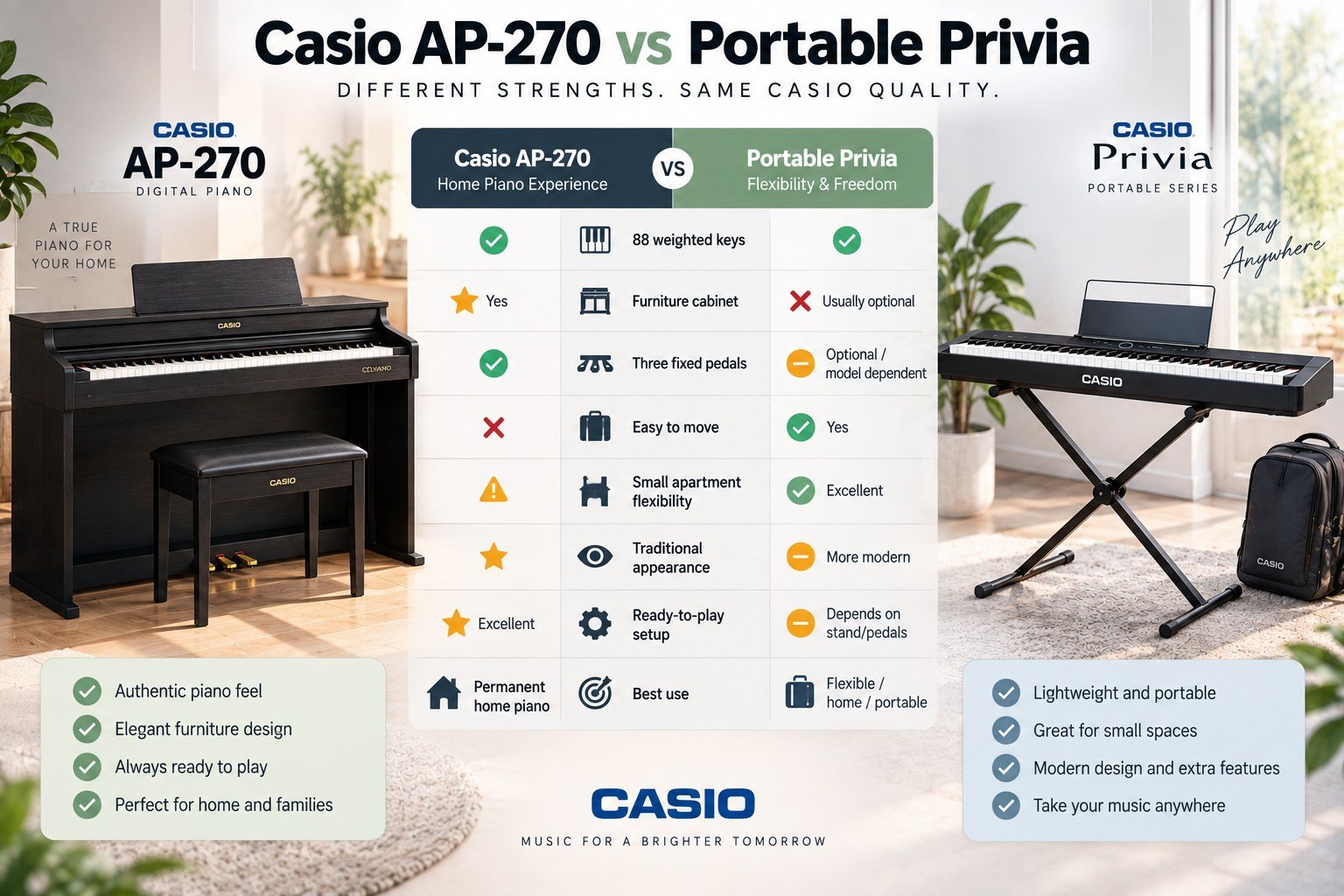 Comparación entre Casio AP-270 y un Privia portátil